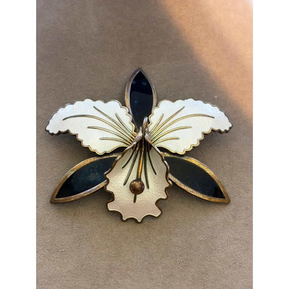 Vintage Norway Sterling Silver Enamel Orchid Brooch Pin Orchid Flower
